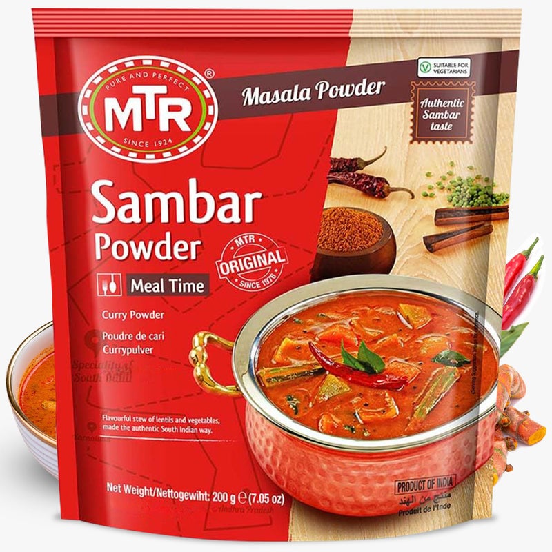 MTR Sambar Ready Mix - Authentic Indian Curry Powder Blend of Turmeric, Red Chili, Fenugreek & Asafoetida - Great Aroma & Flavor - Perfect for Flavorful Sambar Broth - 200g - Image 1